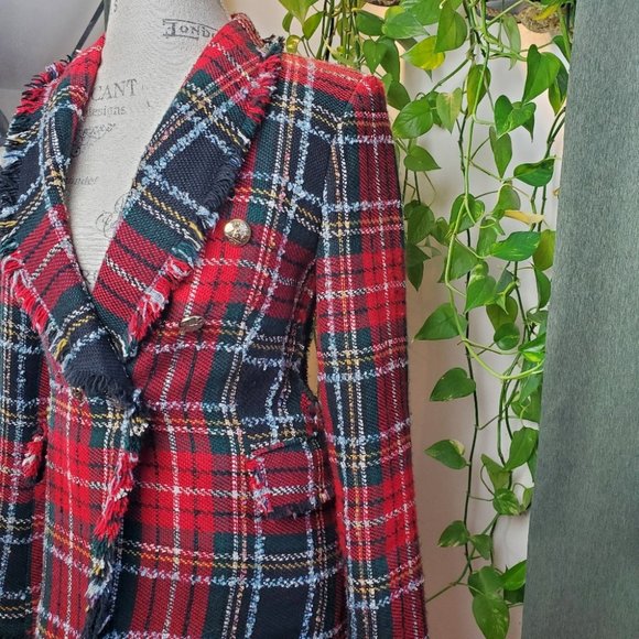 ZARA | RARE Plaid Tweed Red Checkered Frayed Hem Collared Blazer (Size XS) - Picture 2 of 15